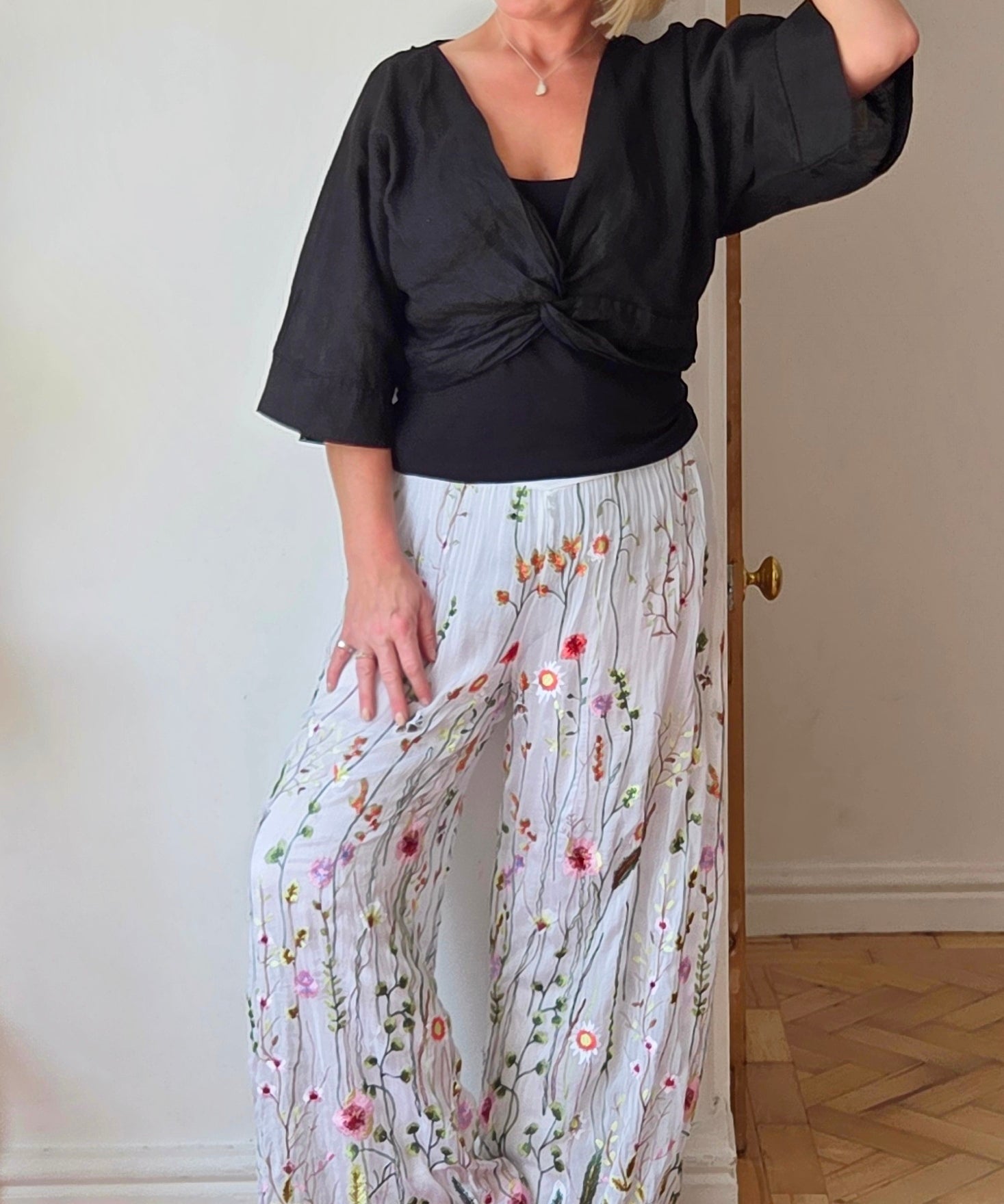 Wild flower silk blend trousers