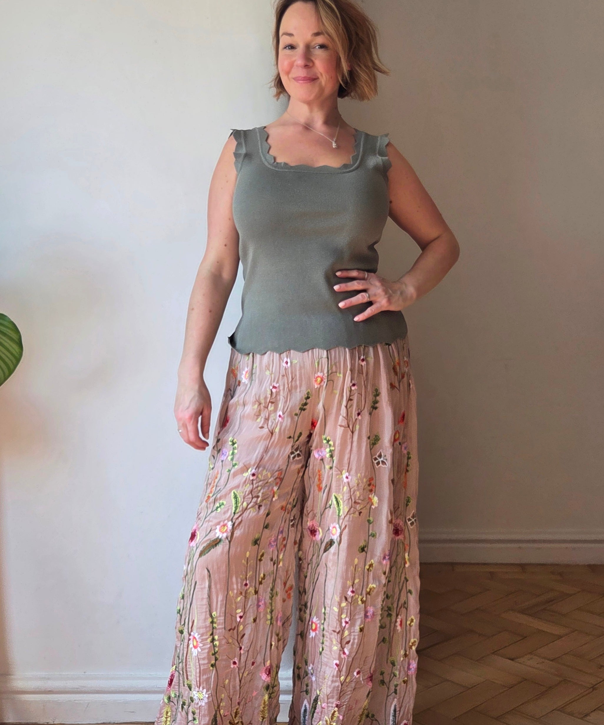 Wild flower silk blend trousers